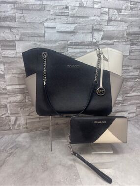 Michael Kors Black, White & Gray Colorblock Large Chain Tote & Matching Wallet